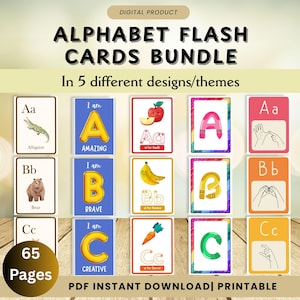 Bundel alfabet-flashcards, ABC-flashcards afdrukbaar, educatieve kaarten, AZ-kaarten, thema-alfabet-flashcard, ABC-poster, peuter-flashcard