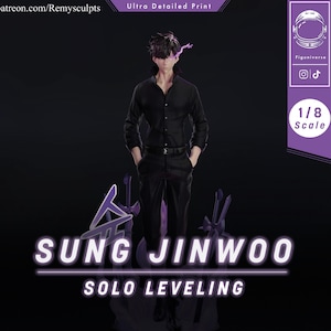 May include: A black figure of Sung Jinwoo from Solo Leveling, posed with hands in pockets. The figure is 1/8 scale and has a detailed print. The figure is wearing a black shirt and pants. The text "SUNG JINWOO" and "SOLO LEVELING" are displayed.
