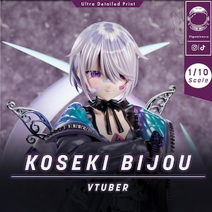 May include: A detailed figurine of Koseki Bijou, a VTuber, with a 1/10 scale. The figure has a white and purple color scheme, with a detailed face and hair. The figure is wearing a black outfit with blue and teal accents.