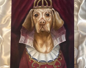 May include: A regal portrait of a dog wearing a gold crown and a red and white ruffled collar. The dog has light brown fur and is set against a dark red backdrop. The painting has a vintage, royal theme.