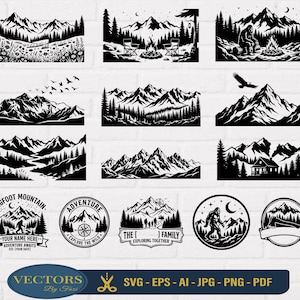 May include: A collection of black and white vector illustrations featuring mountain landscapes, forests, camping scenes, Bigfoot, and circular badges with text including Bigfoot Mountain, Adventure, and The Family Exploring Together, plus file formats.
