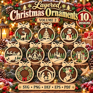 Ensemble de 10 ornements de Noël ronds à découper au laser (formats SVG et DXF) au format SVG et DXF