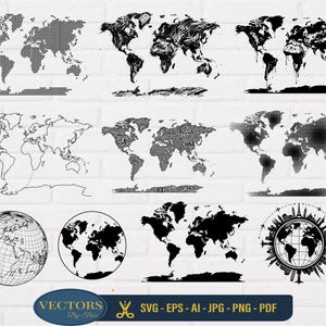 Peut inclure: Une collection de douze illustrations de cartes du monde en noir et blanc présentant divers styles, notamment des designs pointillés, esquissés, contourés, typographiques et globes. Une bannière bleue affiche VECTORS By Fazi SVG-EPS-AI-JPG-PNG-PDF.