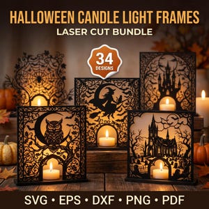 Op de afbeelding: Een set van 34 lasergesneden Halloween kaarslichtframes met gedetailleerde zwarte silhouetten van een uil, een heks, een spookkasteel en een begraafplaats. De tekst luidt HALLOWEEN CANDLE LIGHT FRAMES LASER CUT BUNDLE 34 DESIGNS SVG EPS DXF PNG PDF.