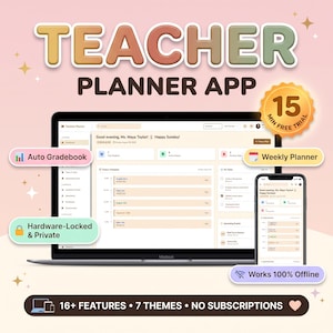 Può includere: Un'app di pianificazione per insegnanti visualizzata su uno schermo di laptop e smartphone. L'interfaccia mostra una dashboard con un programma, attività e dati degli studenti. Le etichette includono Auto Gradebook e Weekly Planner.