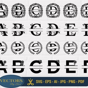Può includere: Una collezione di monogrammi neri con lettere divise che presentano le lettere dalla A alla F in quattro stili distinti, tra cui ghirlande floreali, motivi a vite, rami di alloro e fiori semplici. Un banner blu in basso mostra VECTORS By Fazi SVG-EPS-AI-JPG-PNG-PDF.