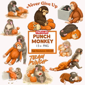 Könnte beinhalten: Eine Sammlung von Cartoon-Illustrationen mit Affen in verschiedenen Posen. Die Bilder zeigen einen Affen, der ein Stofftier umarmt, einen Affen, der auf einem Stofftier sitzt, und den Text "Never Give Up", "Punch Monkey" und "Team Punch".