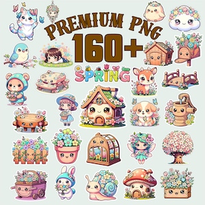 Kawaii Spring Stickers PNG | 160+ Chibi Flowers , Garden , Kids (PNG Digital Download)
