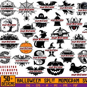 Könnte beinhalten: Eine Sammlung von schwarz-orangen Halloween-Monogramm-Designs mit Geistern, Fledermäusen, Kürbissen, Spinnen, Hexen und Spukhäusern. Jede Grafik enthält einen horizontalen Bereich mit dem roten Text YOUR TEXT HERE zur individuellen Gestaltung.