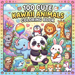 May include: A colorful illustration of a coloring book titled "100 Cute Kawaii Animals Coloring Book." The cover features various cartoon animals, including a panda, elephant, rabbit, and lion, with a rainbow balloon and a butterfly.