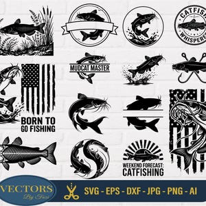 Catfish SVG Bundle, 30+ Fishing Split Monogram Cut Files, Catfish Hunter Silhouette Clipart, River Life Fishing Scene, Files for Cricut