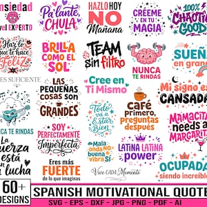Pacchetto di citazioni motivazionali spagnole in formato SVG, frasi ispiratrici latine in formato SVG e PNG, file di taglio Cricut con frasi motivazionali, citazioni positive