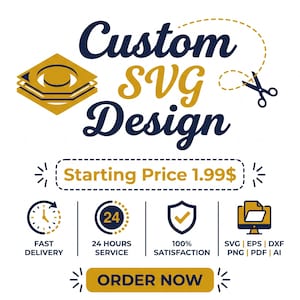Könnte beinhalten: Ein Grafikdesign mit dem Text Custom SVG Design in Dunkelblau und Gold, begleitet von einer Schere, einem Uhrensymbol, einem 24-Stunden-Service-Symbol, einem Schild mit Häkchen, einem Computermonitor-Symbol und einem Order Now-Button.