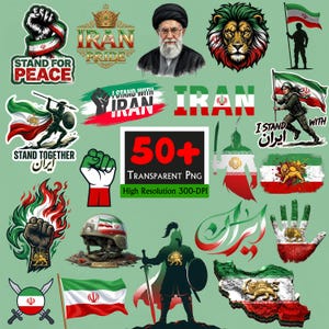 Puede incluir: Una colección de gráficos PNG con temática iraní, que incluye banderas, emblemas de leones e ilustraciones de soldados y figuras históricas. El texto incluye "Stand for Peace", "Iran Pride" y "50+ Transparent PNG". Los gráficos son en rojo, blanco y verde.
