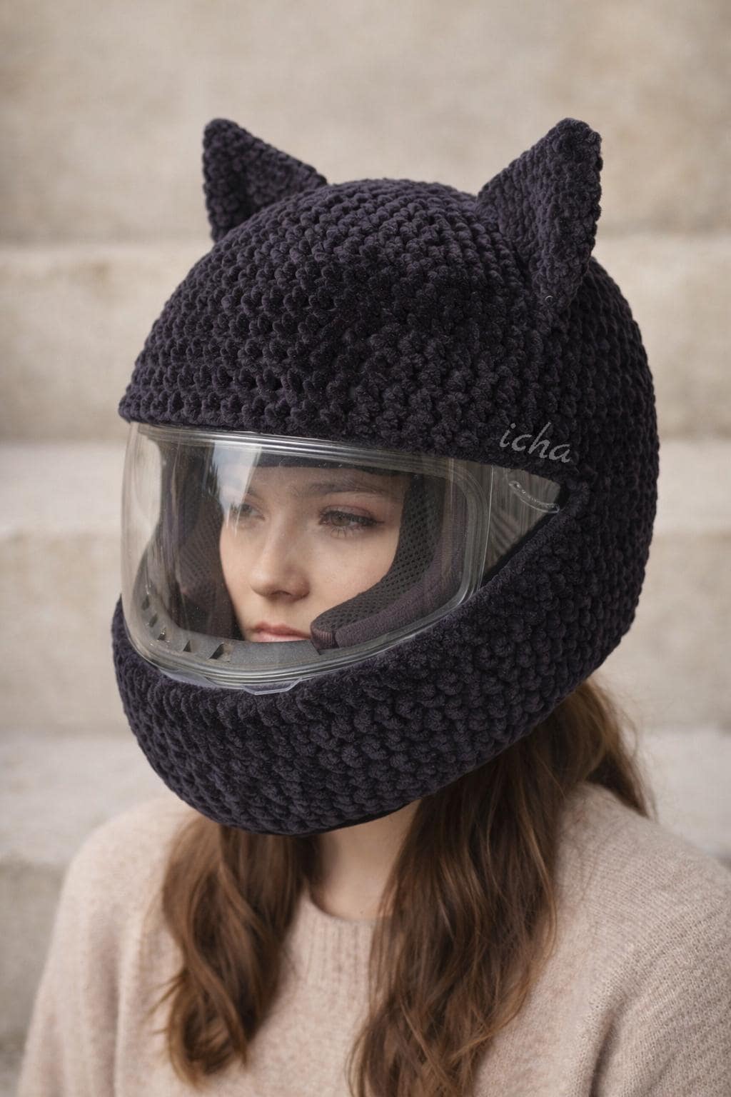 Crochet Motorcycle Helmet Cover Pattern PDF, Cat Ears Helmet Cover