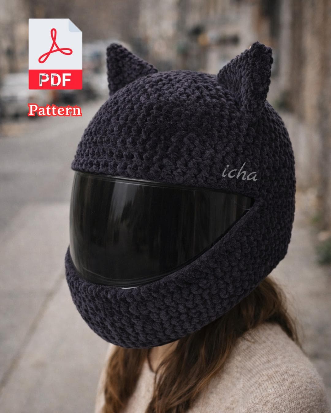 Crochet Motorcycle Helmet Cover Pattern PDF, Cat Ears Helmet Cover