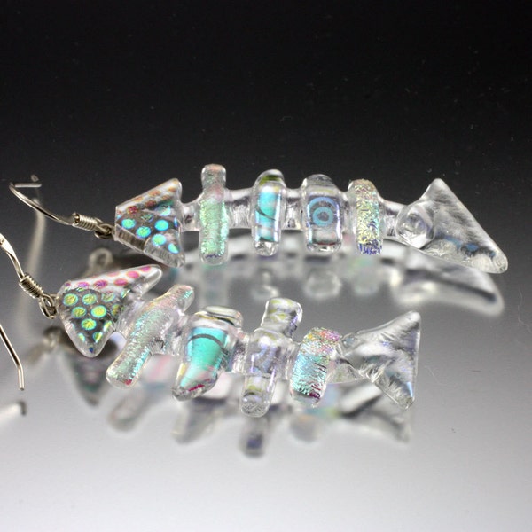 Handmade Fused Glass Fish Earrings, fused clear backed dichroic glass, FishbonZ, SRA