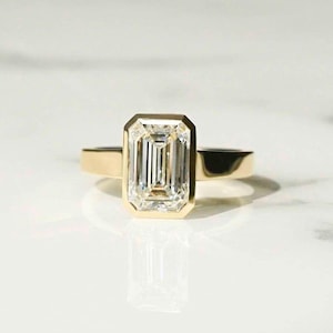 2Ct Emerald Cut Moissanite Bezel Set Ring, 14K White Gold Classic Wedding Solitaire Ring, Anniversary Gift