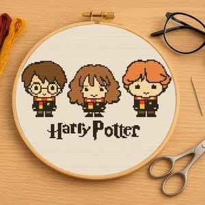 May include: A cross-stitch embroidery hoop featuring Harry Potter characters. The design includes Harry, Hermione, and Ron, with the text "Harry Potter" below. The image also shows embroidery floss, scissors, a needle, and eyeglasses.