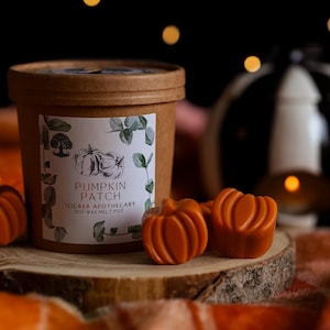 May include: A brown container labelled "Pumpkin Patch" with a pumpkin illustration, alongside three orange pumpkin-shaped wax melts. The items are on a wooden slice, with a black and white pumpkin-shaped candle holder in the background.
