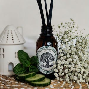 May include: A brown glass diffuser bottle with black reeds, a label with a tree design, and a black cap. The bottle is surrounded by fresh cucumber slices, mint leaves, and white flowers. A white ceramic house-shaped candle holder is in the background.