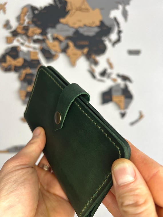 Billetera plegable larga con grabado verde, billetera delgada de
