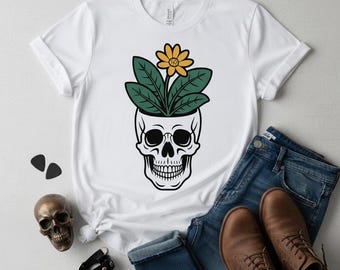 Calavera floral PNG para sublimación, imágenes prediseñadas de calaveras con plantas en crecimiento, transparentes, estilo boho gótico floral, descarga instantánea.