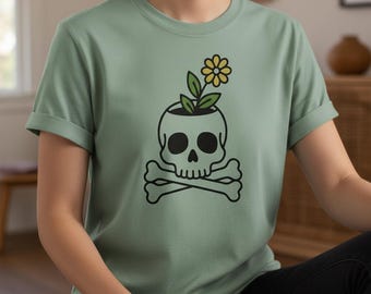 Calavera con flores y tibias cruzadas PNG, imágenes prediseñadas góticas bohemias con plantas (descarga digital)