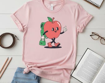 Mochila con diseño de manzana para caminar (PNG), personaje de fruta kawaii, diseño para sublimación del primer día de clases (descarga digital).