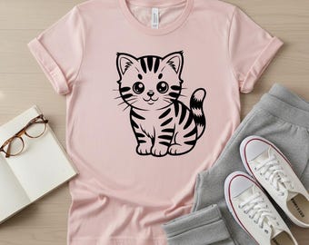 Imágenes prediseñadas de gatitos atigrados, dibujo lineal de la cara de un gato en blanco y negro (descarga digital)