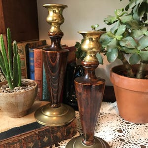 Stunning Pair of Brass & Hardwood Candlesticks