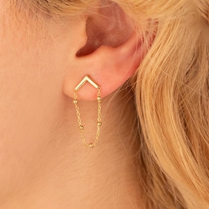 14K Gold Chain Mother Stud Earring - Minimalist Beaded Chain Earring -  Ball Chain Studs Earrings, Dainty Stud Earring, Mother's Day Gift