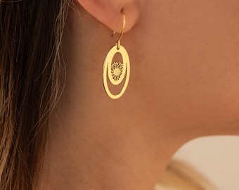 14K Gold Plated Sterling Silver Hoop Earrings: Flower Dangle Huggie, Handmade