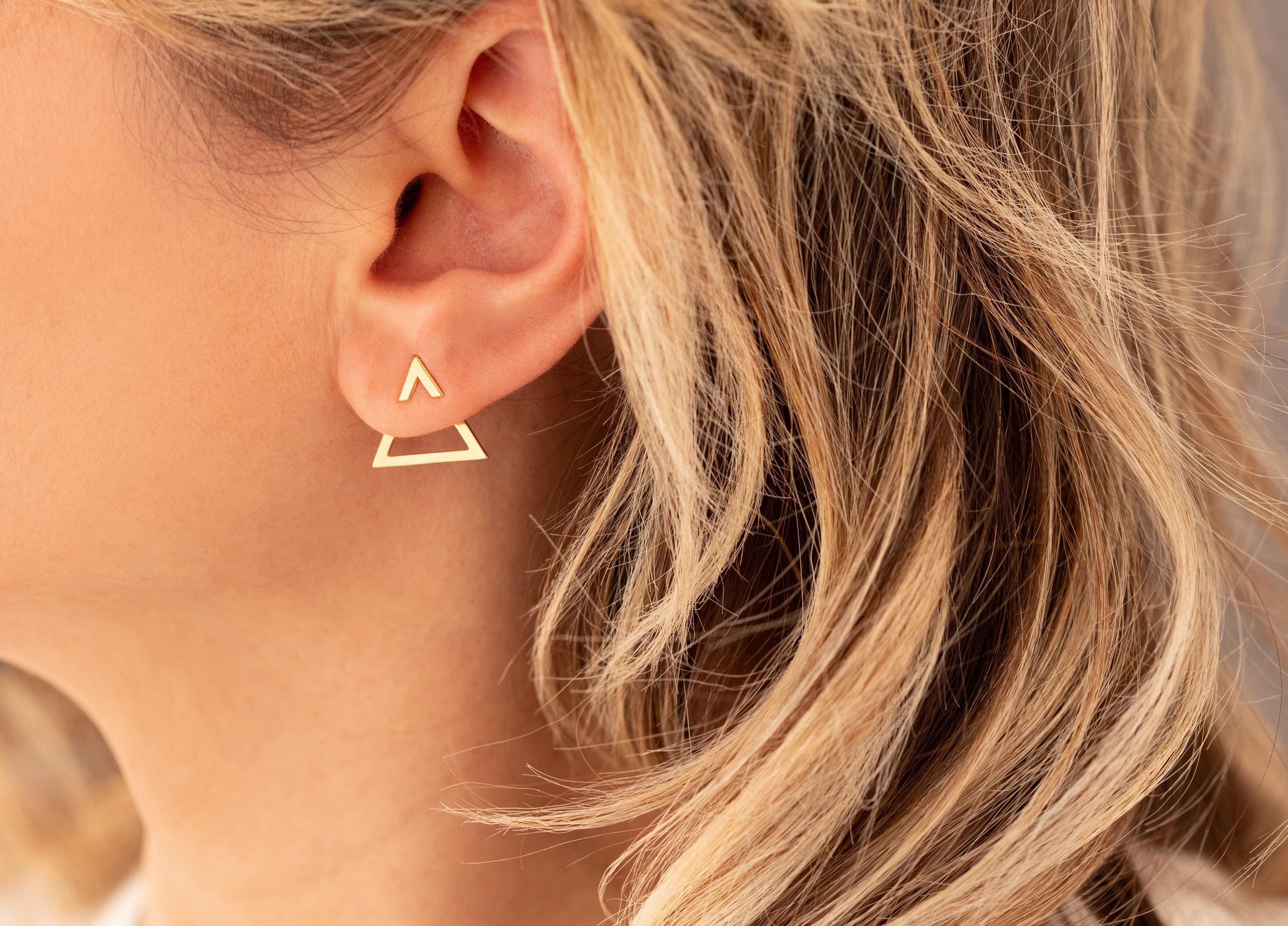 Wedding Gift Ear Jacket, 14K Gold Triangle Ear Jacket, , Front And Back Triangle Studs Earrings, Double Earrings, Geometric Earrings,  Gift