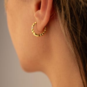 Elegant 14K Gold Huggie Hoop Earrings with Sparkling Stones, Handmade Minimalist Gift for Women, Unique Everyday Gold Jewelry
