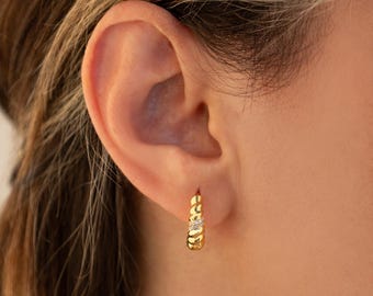 14K Gold Huggie Hoop Earrings: Handmade Sterling Silver Dangle