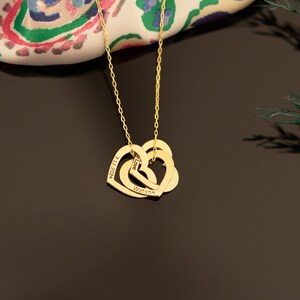 14K Gold Custom Family Names Engraved Necklace,  Interlocking Hearts Necklace, Personalized Heart Name Rings Necklace, Family name necklace