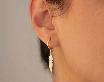 Gold Feather Hoop Earrings: 14K Plated Sterling Silver Dangle