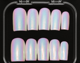 White Iridescent Pearl Chrome Press On Nails – Handmade Luxury | Opal Nails