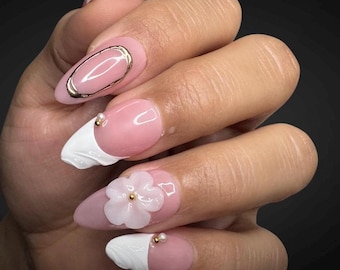 3D Floral Press On Nails | Pink, Pearls & Gold Accent, Handmade Luxury Nails