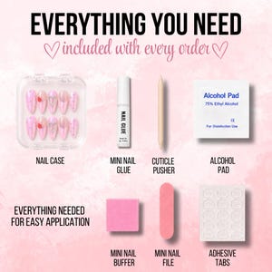May include: A nail application kit featuring a clear case with ten pink press-on nails, a tube of nail glue, a wooden cuticle pusher, an alcohol pad, a pink square nail buffer, a pink nail file, and a sheet of adhesive tabs with text labels.