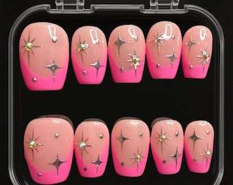 Hot Pink Stardust Press On Nails - 3D Rhinestone & Cosmic Chrome Design