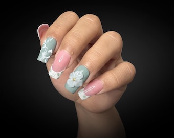 Sage Green Hibiscus Flower Press On Nails | 3D Floral, Reusable Luxury Nails
