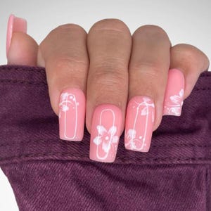 Pink Floral Press On Nails - Hibiscus Flowers, Spring Nail Design