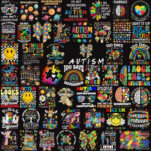 May include: A colorful collage of graphic designs featuring puzzle pieces, rainbows, and text related to autism awareness. The designs include phrases like "Autism Awareness", "Neurodiversity", "I Rock the Spectrum", and "It's Ok to be Different".
