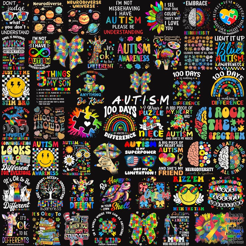 May include: A colorful collage of graphic designs featuring puzzle pieces, rainbows, and text related to autism awareness. The designs include phrases like "Autism Awareness", "Neurodiversity", "I Rock the Spectrum", and "It's Ok to be Different".
