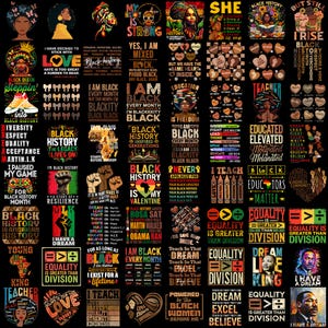 Peut inclure: Un collage de motifs graphiques colorés avec du texte célébrant le Mois de l'histoire des Noirs. Les motifs présentent des phrases comme "L'histoire des Noirs est ma Saint-Valentin", "L'histoire des Noirs est l'histoire américaine", "L'égalité est plus grande que la division", et "J'ai un rêve".