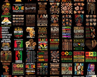 Könnte beinhalten: Eine Collage aus bunten Grafiken mit Texten zur Feier des Black History Month. Die Designs zeigen Sätze wie "Black History is My Valentine", "Black History is American History", "Equality is Greater Than Division" und "I Have a Dream".