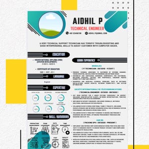May include: A resume for a technical engineer named Aidhil P. The resume includes a photo of Aidhil, his contact information, education, work experience, and skills. The resume is designed with a modern and professional look.
