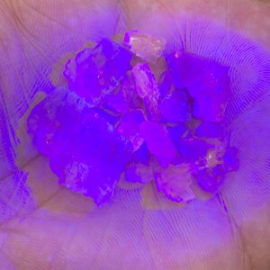 May include: A collection of raw, crystalline minerals, illuminated by a purple light. The crystals vary in size and shape, with a mix of translucent and opaque sections. The overall effect is a vibrant display of natural formations.